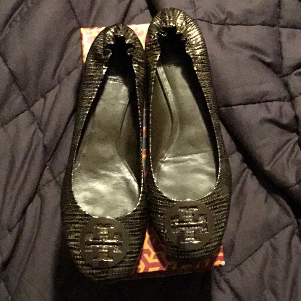 Tory Burch Gold Bronze Metallic Lizard Reva Flat with Gold Emblem